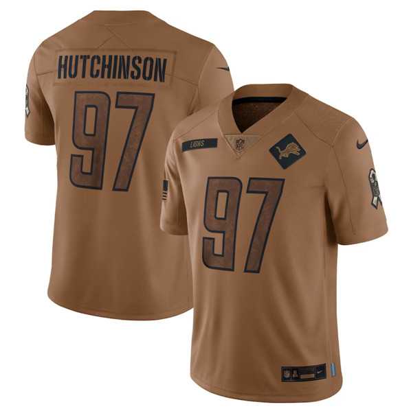 Mens Detroit Lions #97 Aidan Hutchinson 2023 Brown Salute To Service Limited Football Stitched Jersey Dyin